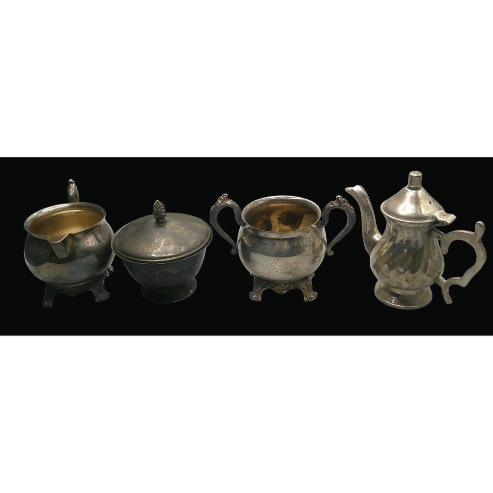 Vintage Antique Silver-Plated 4-Piece Tea Set T01 A